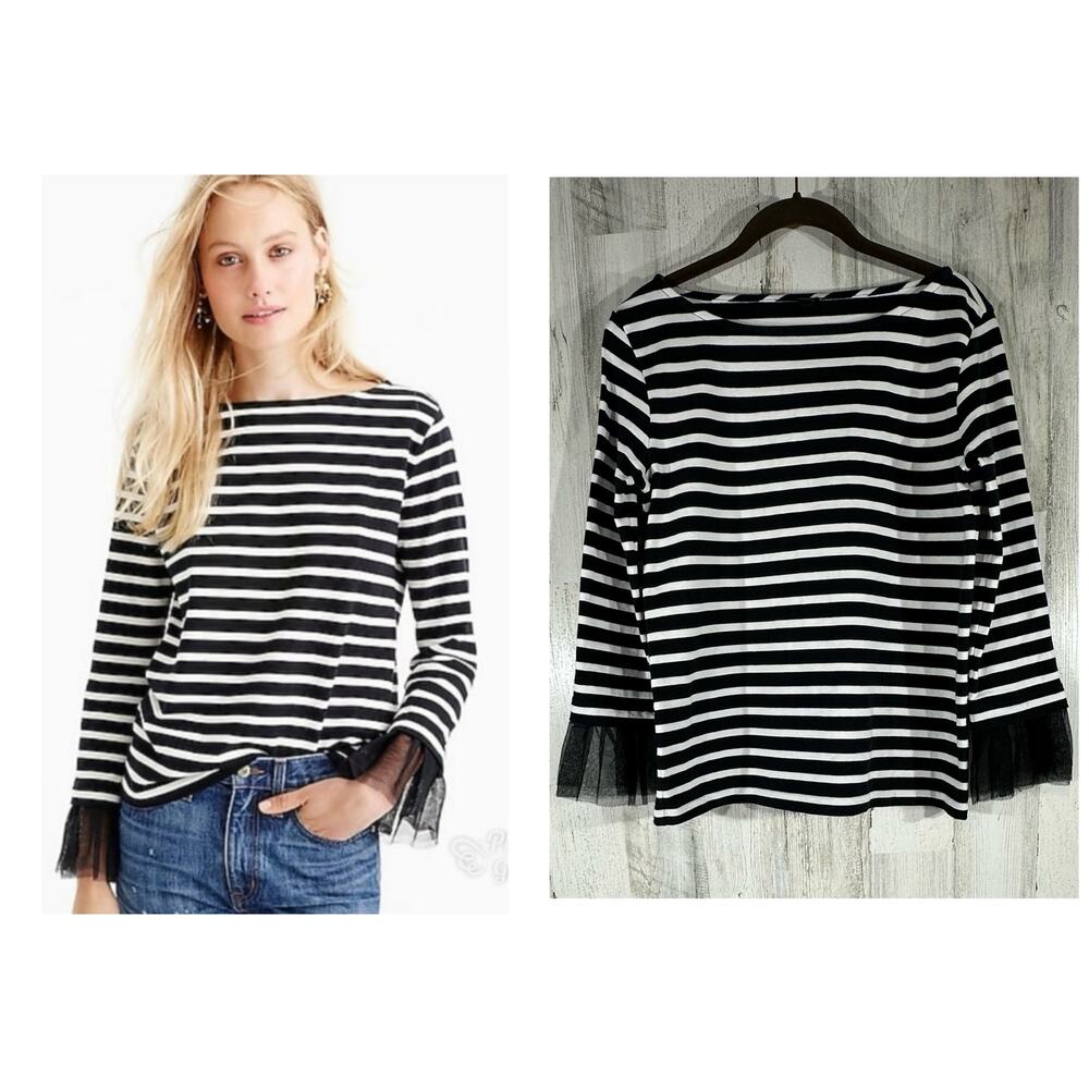 J Crew‎ Blouse Top Size XS (Medium) Black White Stripe Boat Neck Tulle Cuff READ